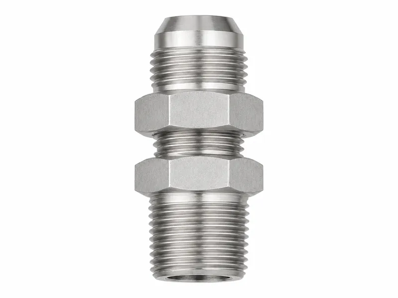 Straight bulkhead adapter with a conical end, long threaded body and two hex nuts