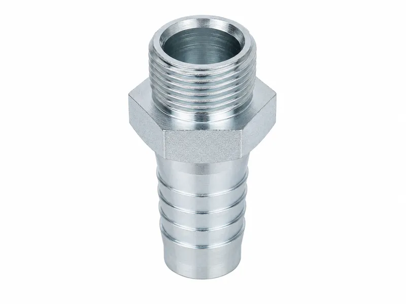 Straight hex-body hose fitting with an external threaded end and grooved hose tail