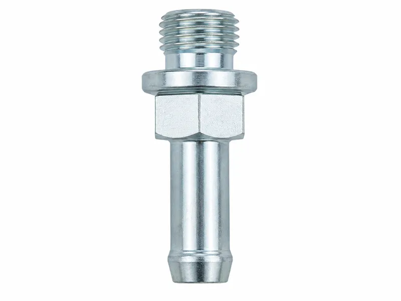 Straight hose fitting with an external threaded equipment end, hex flats and cylindrical hose tail