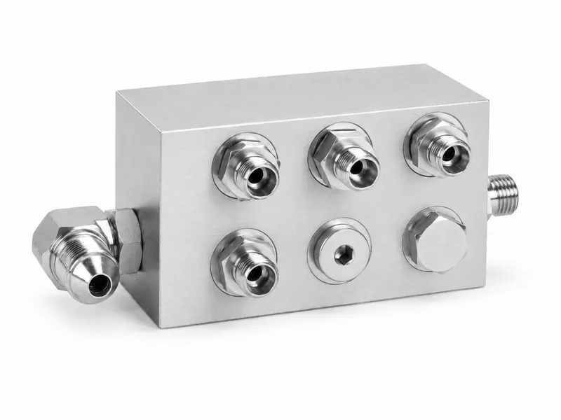 Hydraulic manifold block with multiple CNC-machined oil ports