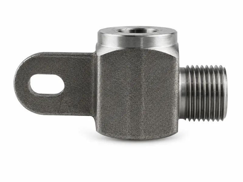 Hydraulic weld fitting with mounting tab and male threaded interface